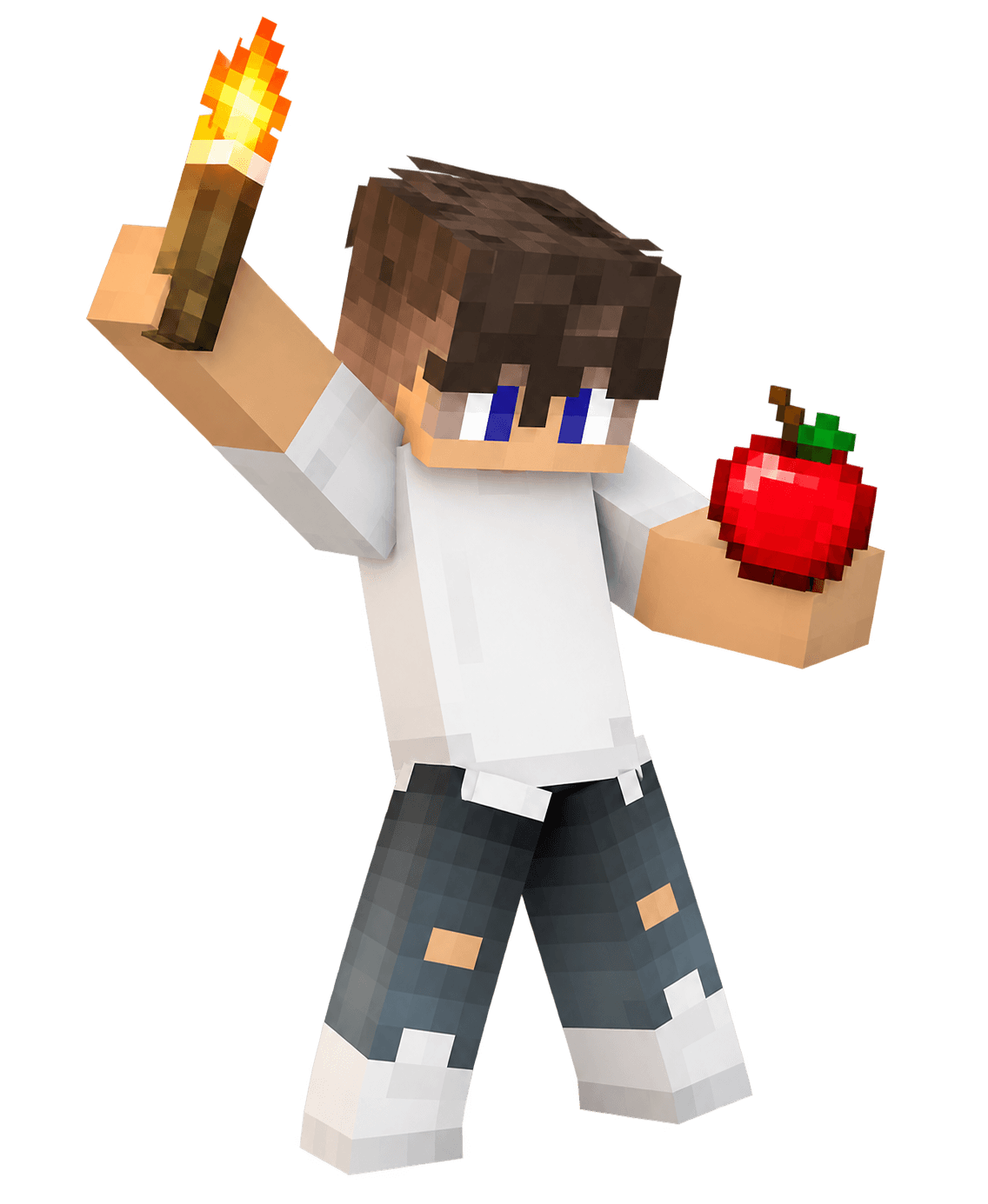 Minecraft postava hráče theaelorian s pochodní a jablkem